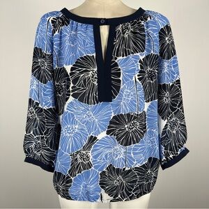 ❤️ Banana Republic Blue and Black Floral Blouse Size M